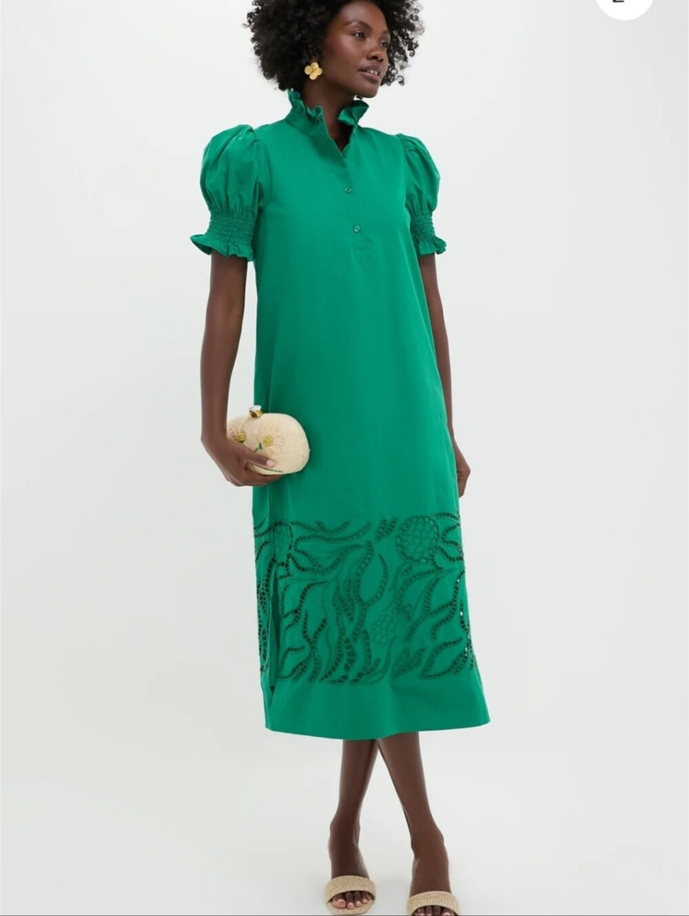 Hyacinth House Green Puff-Sleeve Midi Dress with Eyelet Hem